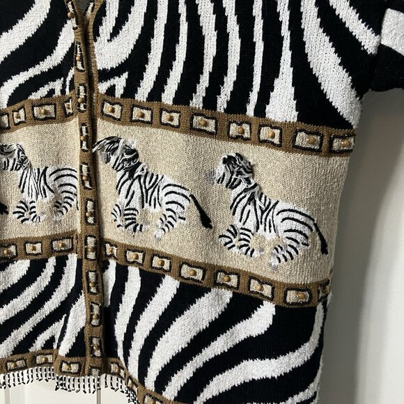 Vintage Design options 3D Zebra Cardigan Womens L Animal Print Beaded Fringe - Picture 6 of 10